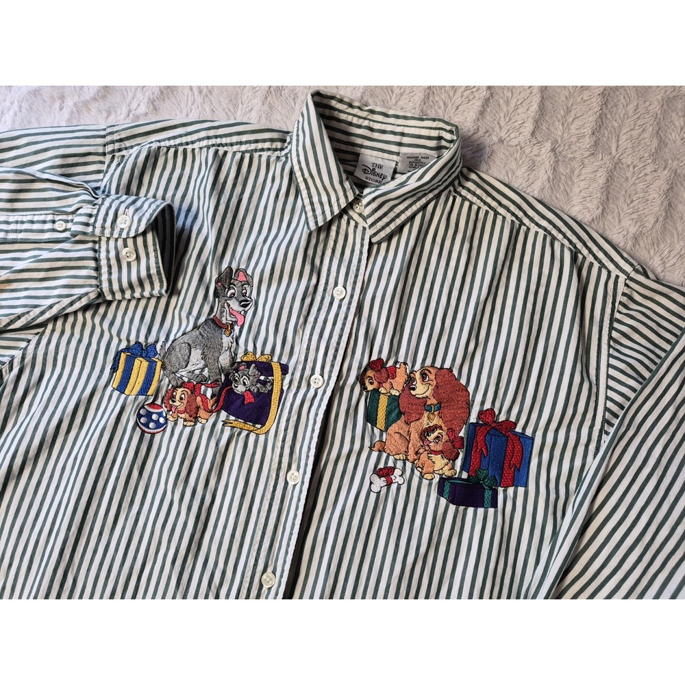 Vintage Disney Store Lady & The Tramp Button Up Shirt Adult Large Embroidered